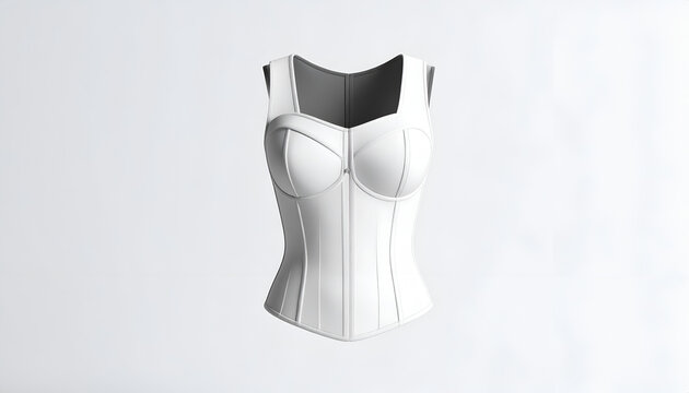 Isolated, front-facing 3D render of a white, tailored, sleeveless bustier top with dark lining