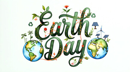 Naklejka premium Beautiful earth day illustration with green plants globes and ecofriendly energy icons celebration design