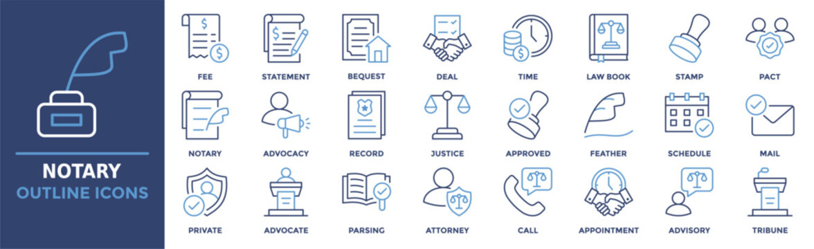Notary icon collection set. Containing fee, statement, bequest, deal, time, law book, stamp and more. Outline vector icons collection