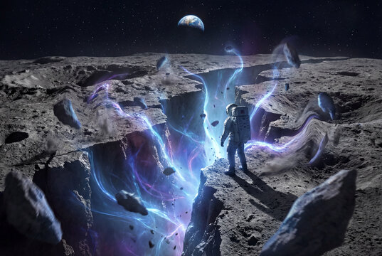 A massive crack on the far side of the Moon revealing a glowing inner dimension, energy leaking out, bending gravity, astronaut standing at the edge, epic scale, high detail, dramatic lighting.