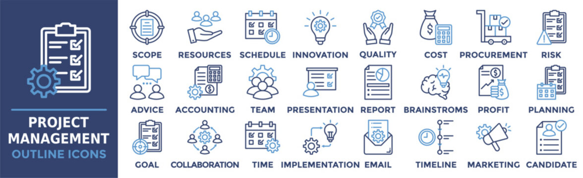 Project Management icon collection set. Containing scope, resources, schedule, innovation, quality, cost, procurement and more. Outline vector icons collection