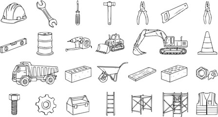 Construction Equipment and Tools Line Art Icons Set - Black and White Vector Illustrations © evalova