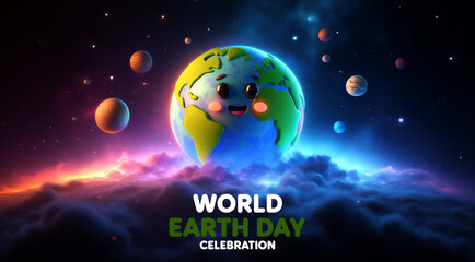 Naklejka premium Cute smiling cartoon earth character with planets celebrating world earth day in colorful cosmic space scene