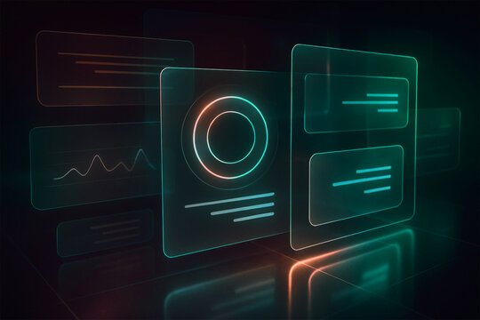 Futuristic 3D interface with translucent matte‑glass panels, neon teal‑orange glow, and abstract data elements, creating a high‑tech holographic dashboard on a clean white background.