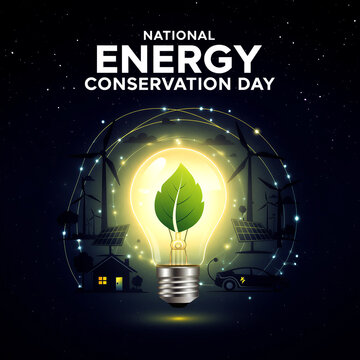 Creative national energy conservation day illustration with glowing light bulb and green leaf design