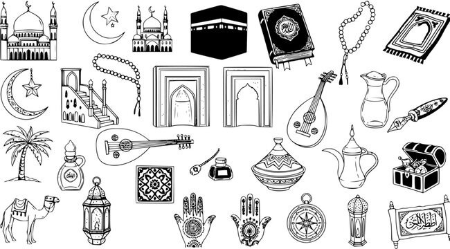 Black  White Line Art Doodle Collection of Islamic Culture, Ramadan, and Eid Celebration Elements. Hand-Drawn Icons include Mosques, Quran, Lanterns,  Traditional Symbols.