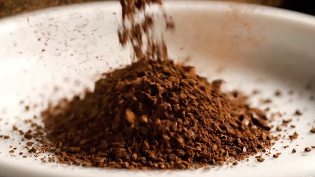 Freshly ground dark roast coffee powder falling conical heap ceramic surface angle repose macro overhead