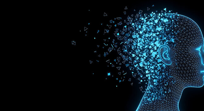 glowing wireframe head disintegrating into particles symbolizing ai digital transformation and future mind technology.