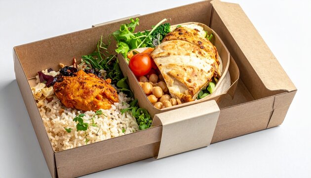 Healthy and delicious meal box with grilled chicken, rice, and fresh vegetables, perfect for a balanced diet and on-the-go convenience