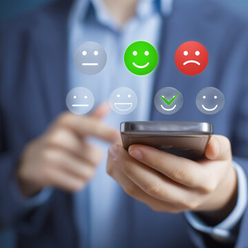Customer feedback being submitted on an iPhone with emoticons displayed during a service interaction Generative AI