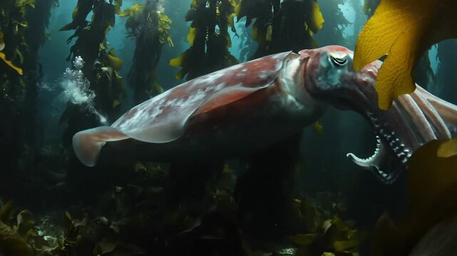 Squid swimming underwater amidst kelp forest environment