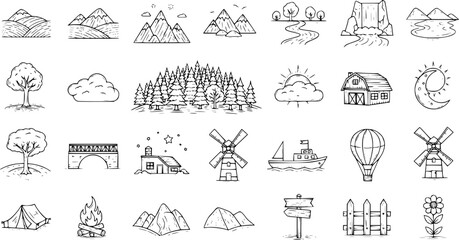 Hand-drawn Nature and Outdoors Line Art Icons. Doodle Style Landscape, Travel, Rural Life, and Camping Elements Vector Set. © evalova