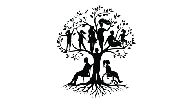 Diverse family tree silhouette showing generations and inclusivity with people of all abilities