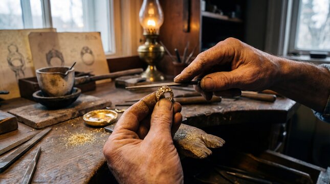 Vintage jeweler hands filing a gold ring, master goldsmith working at a rustic wooden workbench, traditional jewelry making process in a workshop