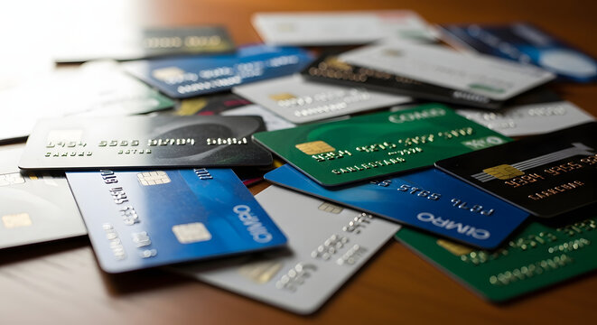 A pile of various credit cards scattered on a wooden surface