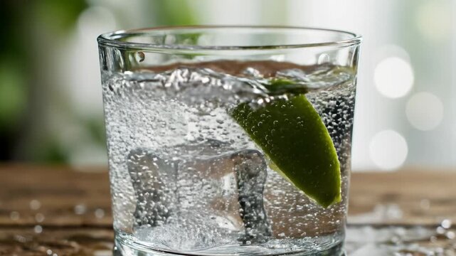 Clear carbonated beverage splash with ice and lime slice in drinking glass, refreshing drink, isolated on wooden table with bokeh background