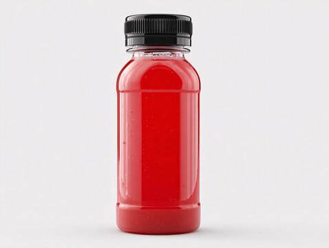 Red Plastic Juice Bottle with Black Cap on White Background, Beverage Product Mockup