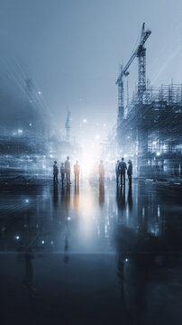 Mysterious Foggy Night Scene with Silhouettes Walking Toward Bright Light, Atmospheric Concept