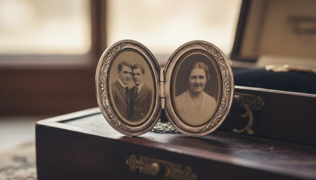 Open antique locket revealing sepia vintage portraits of a woman and two men, resting on a wooden keepsake box.