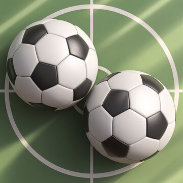 Two Soccer Balls on Green Football Field with Circle Markings, Sport Equipment Concept