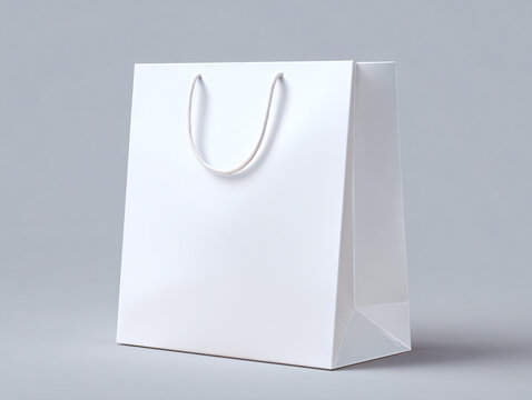White Paper Shopping Bag with Rope Handles on Light Background, Retail Packaging