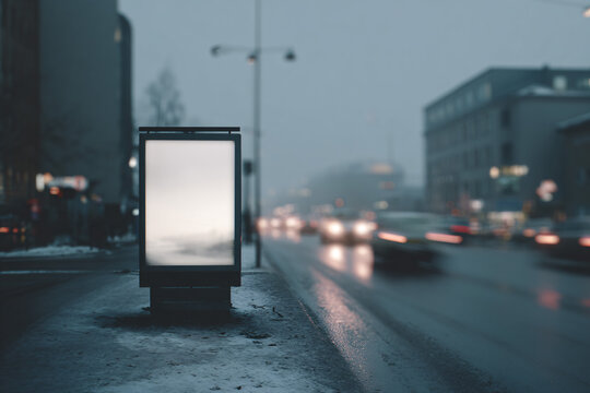 Rainy City Street with Blank Outdoor Billboard, Foggy Urban Night Traffic Scene