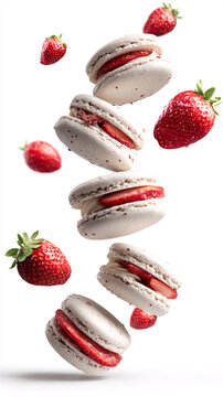 Floating Strawberry Macarons Levitating on White Background, French Pastry Dessert