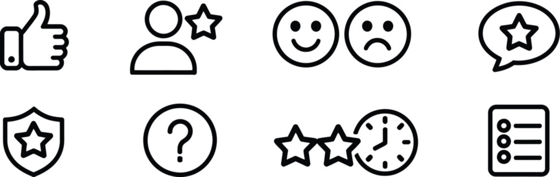 Feedback and Rating Outline Icon Set, Linear Icons for Customer Reviews, Star Ratings, Like and Dislike Symbols, User Experience, Comments, and Website Interface Design