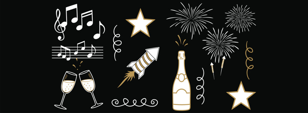 Celebration party decorative illustration collection, festive vector artwork set, champagne design graphic, fireworks motif, flat vector illustration