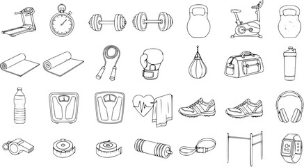 Fototapeta premium Fitness and Gym Equipment Black White Line Art Outline Icon Set. Vector collection of workout accessories, sports tools, and health objects for exercise and healthy lifestyle.