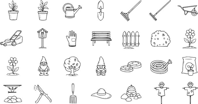 Gardening Tools Vector Set: Line Art Icons for Garden Care, Lawn, Plants, and Outdoor Decor
