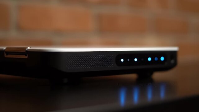 Close-up of a black electronic device with glowing lights.