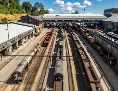Aerial View of a Busy Train Yard with Multiple Tracks and Carriages Under a Blue Sky.