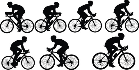 Obraz premium Comprehensive black and white flat vector illustration set of professional road cyclists in various dynamic racing and riding positions.
