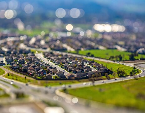 Aerial view of a residential neighborhood with houses and green spaces, captured with a tilt-shift lens for a miniature effect.