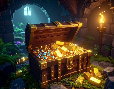 Ancient Treasure Chest Overflowing with Gold and Jewels in a Mystical Cave Setting.