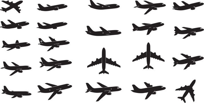 Collection of airplane silhouettes in various flight positions and angles