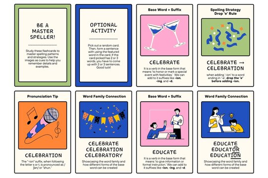A colorful educational poster with various cards about spelling and word families.