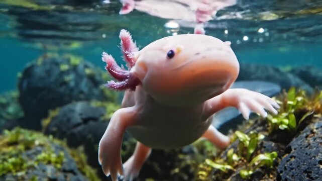 A pink Axolotl floating underwater in clear water