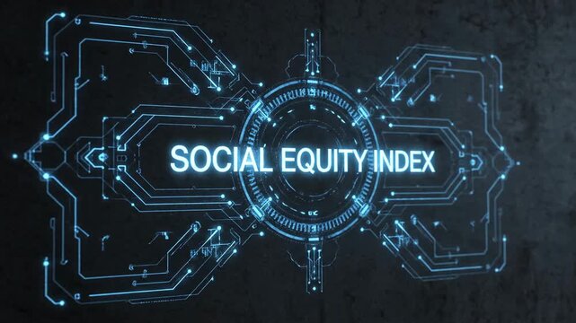 Futuristic holographic interface displaying "social equity index" glowing in blue digital circuit patterns on a dark textured background, data analysis, technology