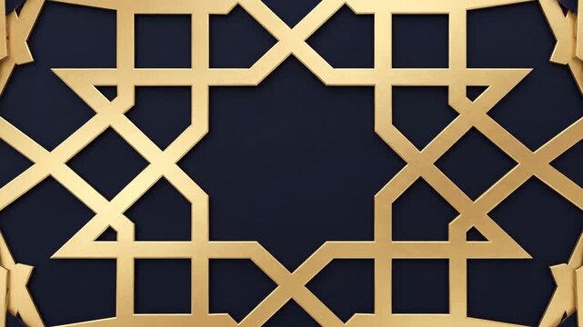 Golden geometric pattern with intricate Islamic star design, 3d render on a dark blue background, elegant architectural detail