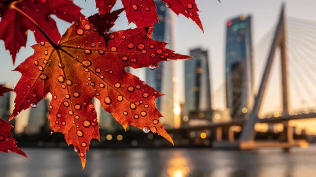 Close up of a vibrant red maple leaf with water droplets glistening in the sunlight, with a blurred cityscape and bridge in the background at sunset