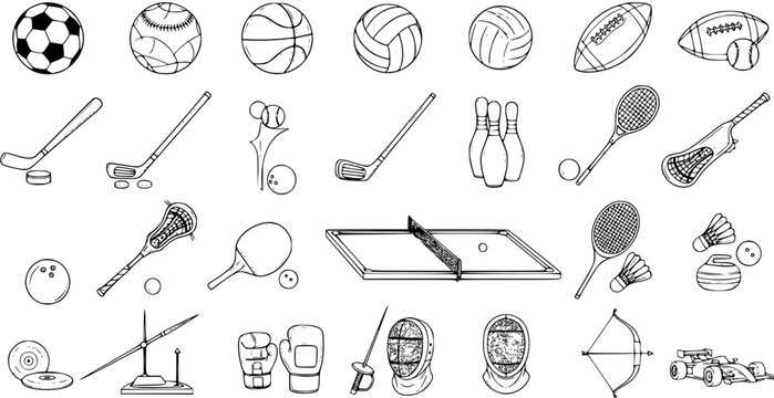 Sports Equipment Line Art: Balls, Racquets, Gear - Vector Icon Set
