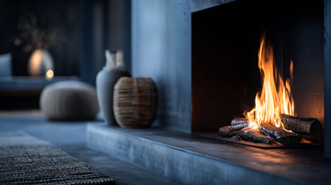 A cozy fireplace burns brightly in a modern living room setting