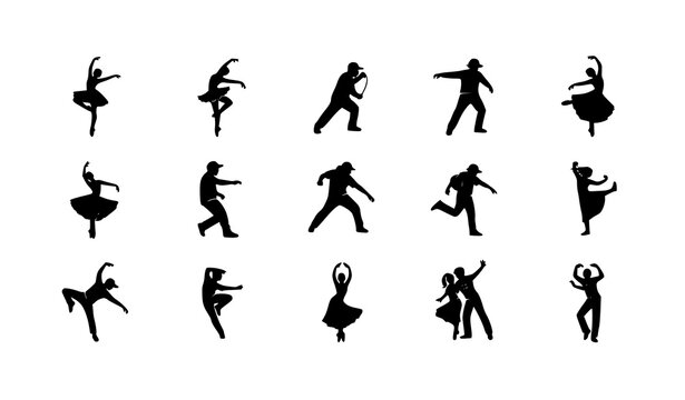 Dance icon set with ballet hip hop salsa and dancing silhouette symbols in minimal black vector style