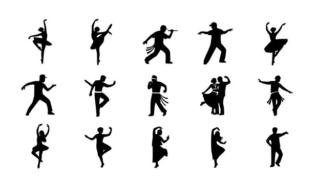 Minimal dance silhouette icon set with ballet hip hop salsa and abstract dancing figures black vector collection