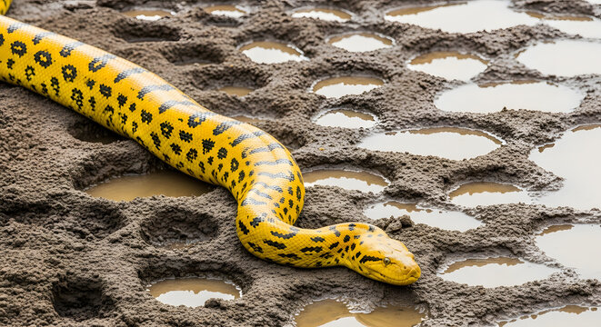 Yellow Anaconda Crawling on Muddy Puddled Ground