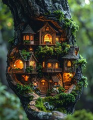 Fototapeta premium Enchanted Miniature Tree House with Glowing Windows in a Lush Forest Setting.