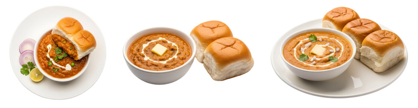 A delicious plate of pav bhaji with a bowl of curry and bread on a transparent background