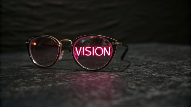 Stylish eyeglasses with a neon sign displaying the word 'VISION' reflecting creativity and modern aesthetics in fashion